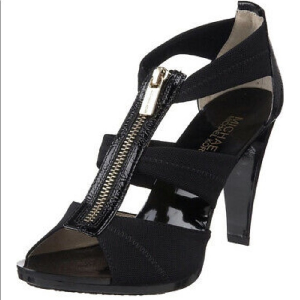 Michael Kors Black Leather Strappy Zip Heels 9